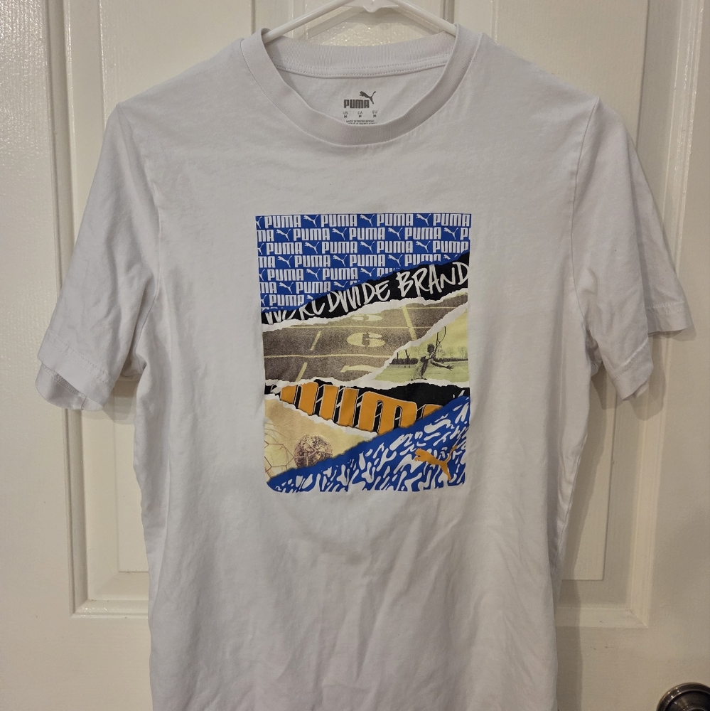 White Graphic T-Shirt with Blue and Orange Accents